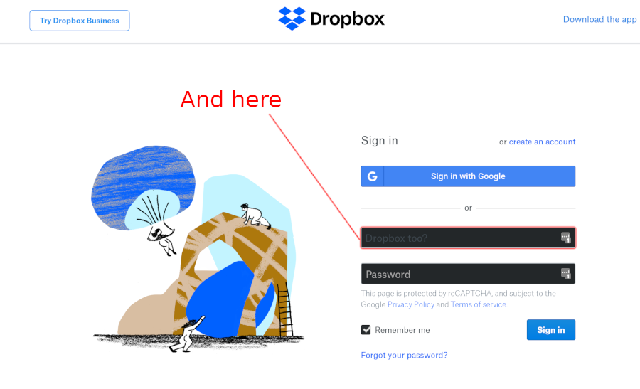 Dropbox login form on dark theme